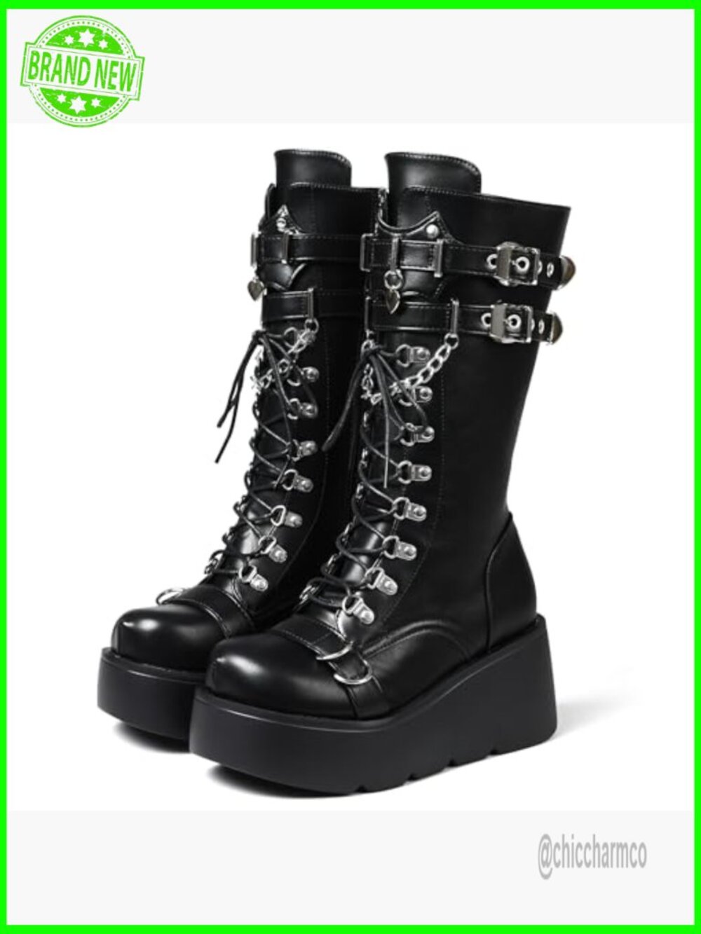 Black Wedge Combat Boots Chunky Heel Lace Up Mid Calf Gothic Shoes - Picture 2 of 7